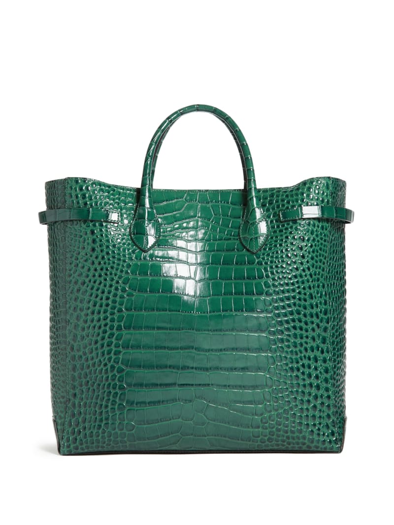 Green Women's Guess Cristina Croc Leather Tote Bags | 0287431-ZP