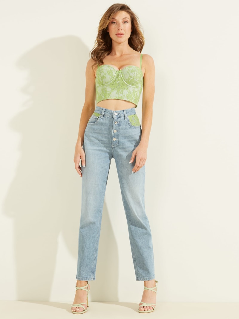 Green Women's Guess Lace Denim Bustier Tops | 2419387-UG