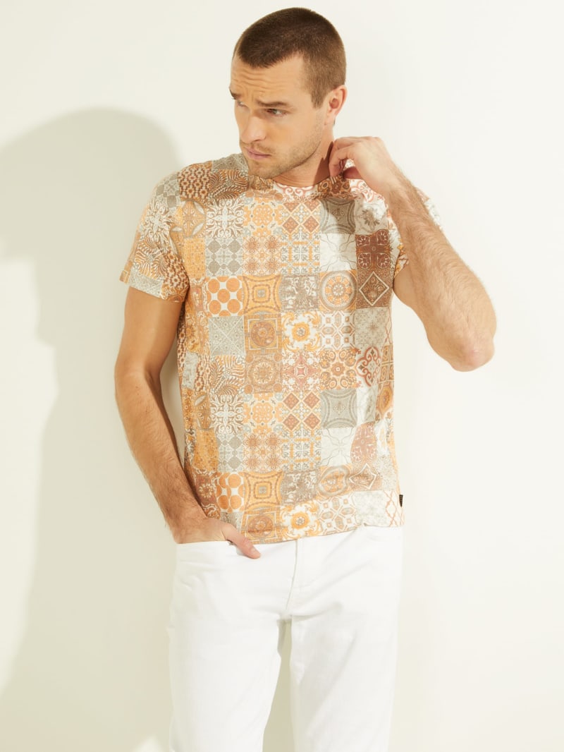 Multicolor Men's Guess Eco Mosaic Linen Tee T Shirts | 7069345-WZ