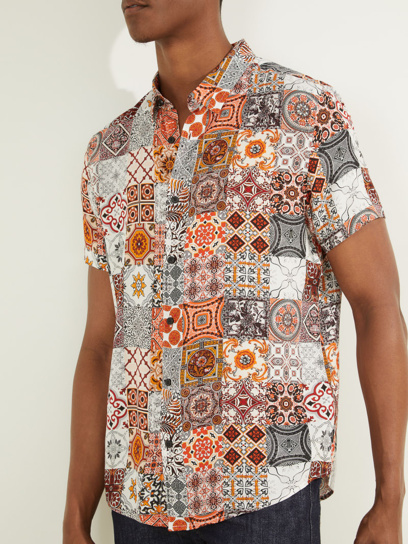 Multicolor Men's Guess Eco Mosaic Rayon Shirts | 9734586-AO