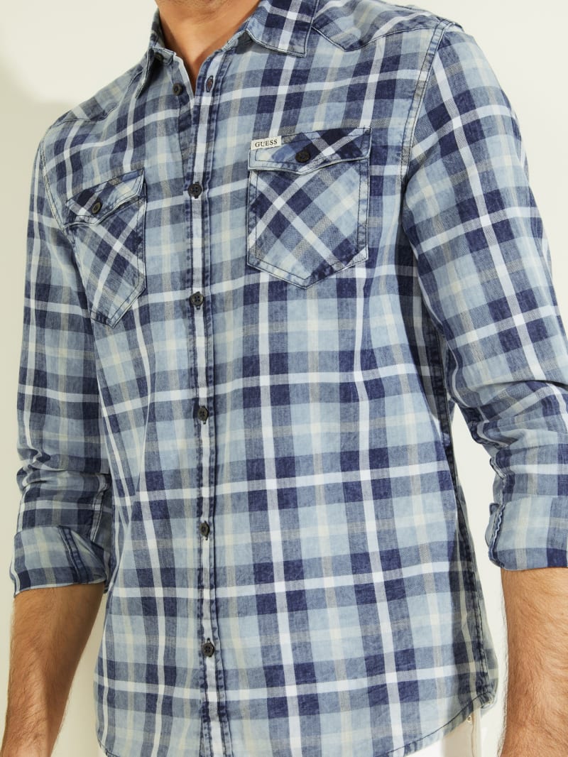 Multicolor Men's Guess Truckee Plaid Denim Shirts | 9846753-EY