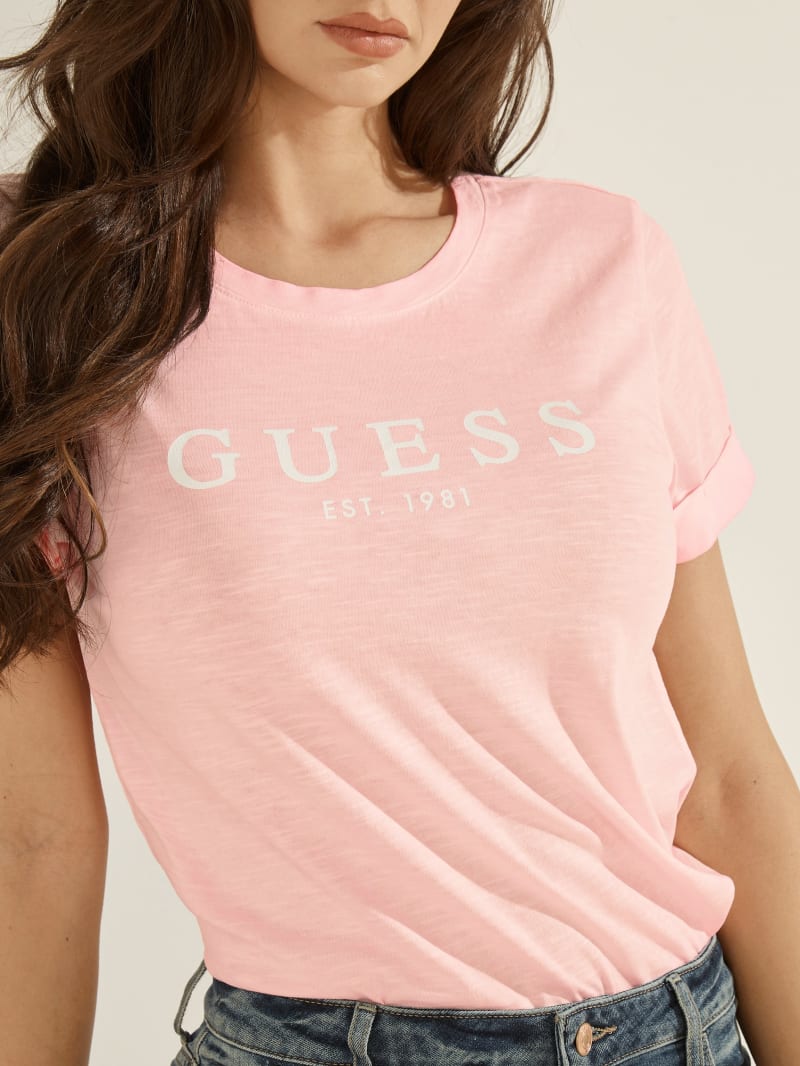 Multicolor Women's Guess Eco 1981 Rolled Cuff Logo Tee Tops | 3056497-XJ