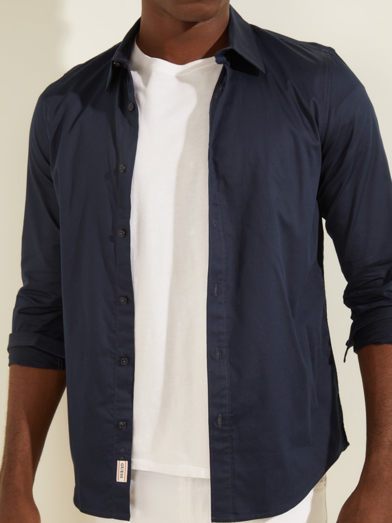 Navy Men's Guess Luxe Stretch Shirts | 2539017-QE