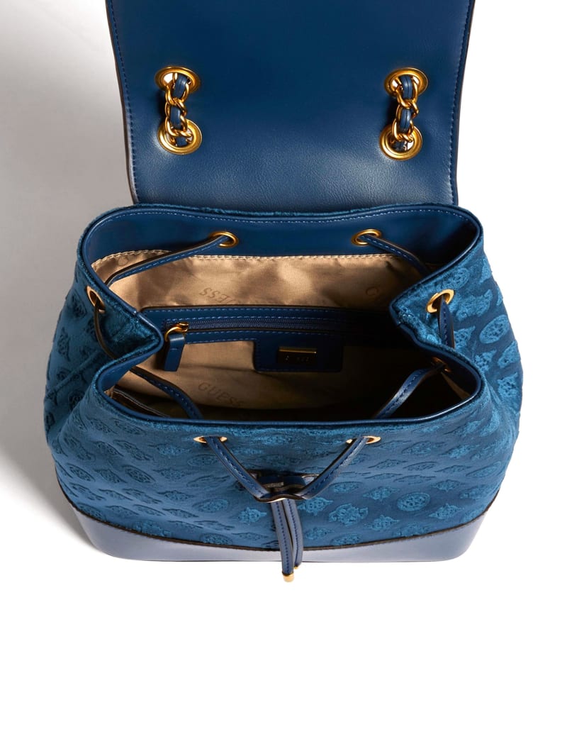 Navy Women's Guess Kimi Velvet Backpacks | 9708532-KR