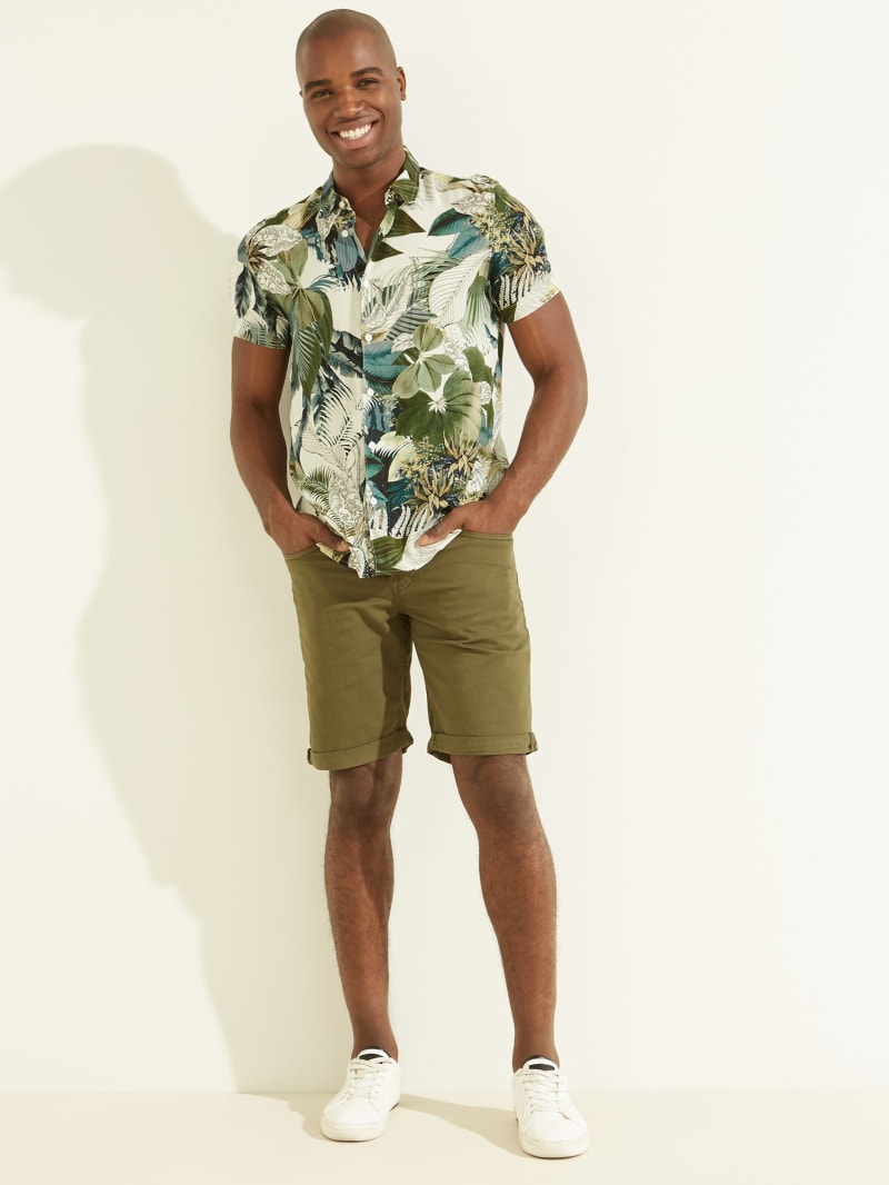 Olive Men's Guess Eco Summer Leaves Shirts | 3078269-HW