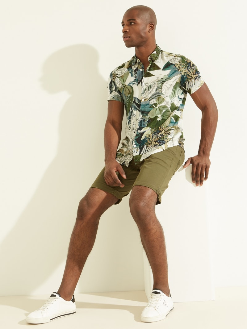 Olive Men's Guess Eco Summer Leaves Shirts | 3078269-HW