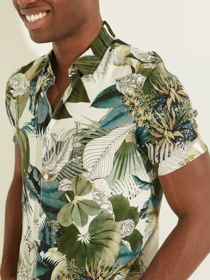 Olive Men's Guess Eco Summer Leaves Shirts | 3078269-HW