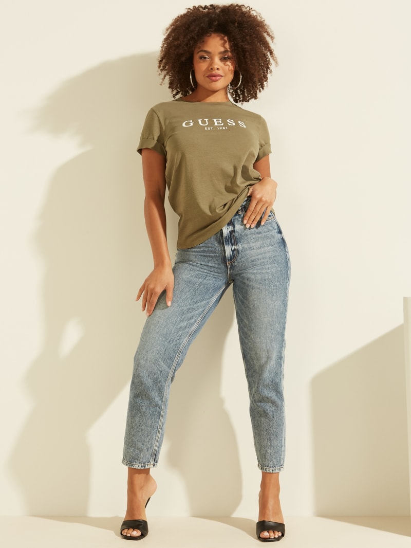 Olive Women's Guess Eco 1981 Rolled Cuff Logo Tee Tops | 7086921-GE