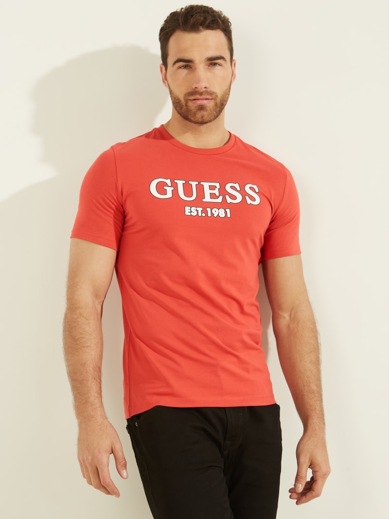 Orange Men\'s Guess Point Logo Tee T Shirts | 6817359-XW