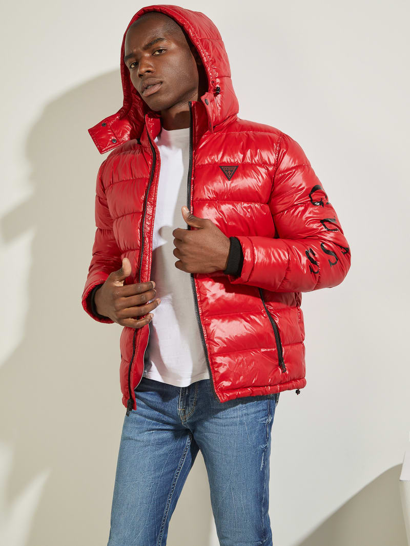 Red Men's Guess Anthony Logo Puffer Jackets | 8531924-RY