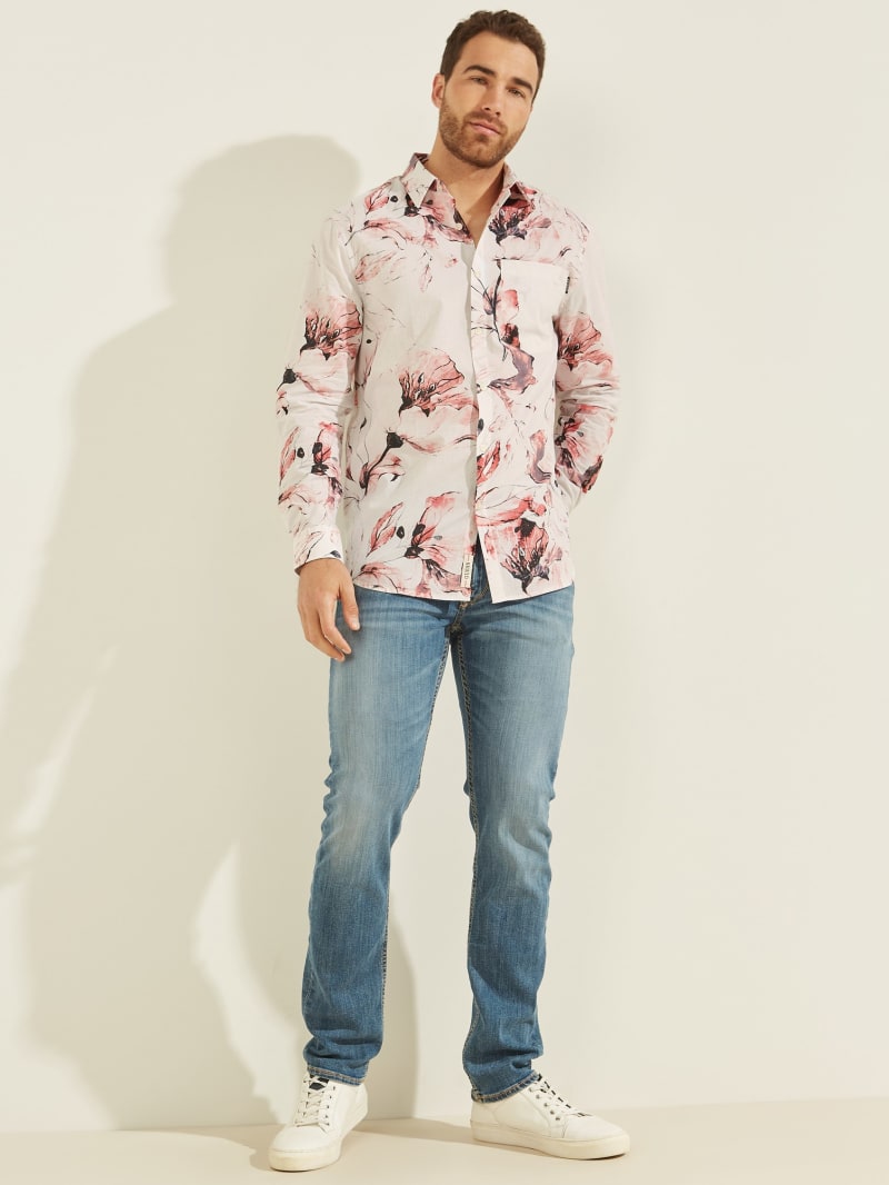 Red Men's Guess Eco Floral Collins Shirts | 4218907-RZ