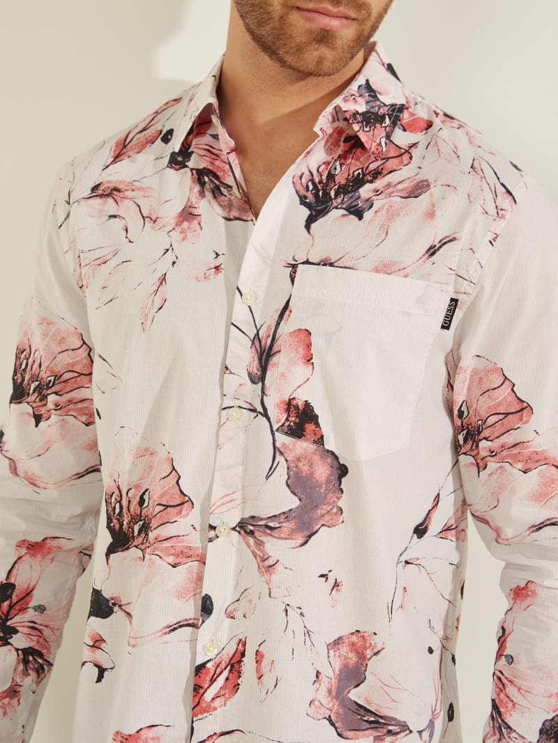 Red Men's Guess Eco Floral Collins Shirts | 4218907-RZ