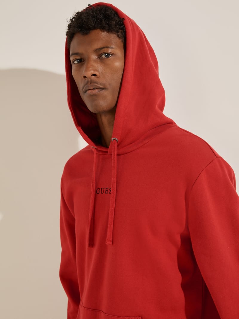 Red Men's Guess Eco Roy Embroidered Logo Hoodie | 8972145-OU