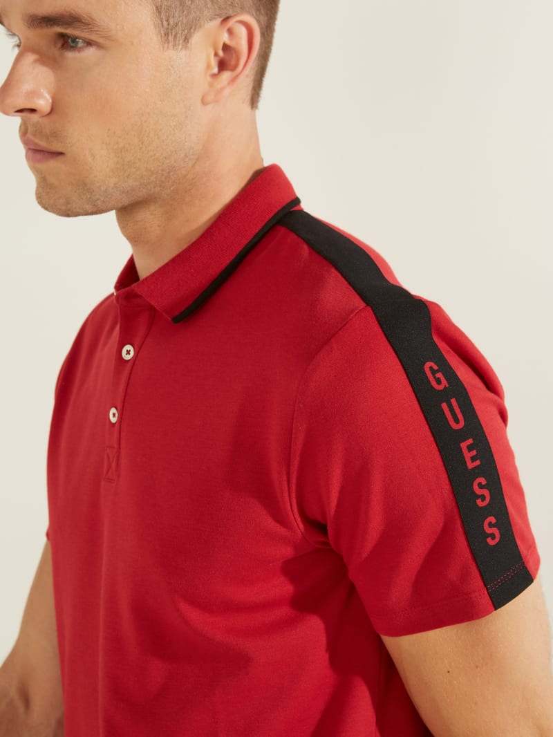 Red Men's Guess Pique Logo Tape Shirts | 5391872-VO