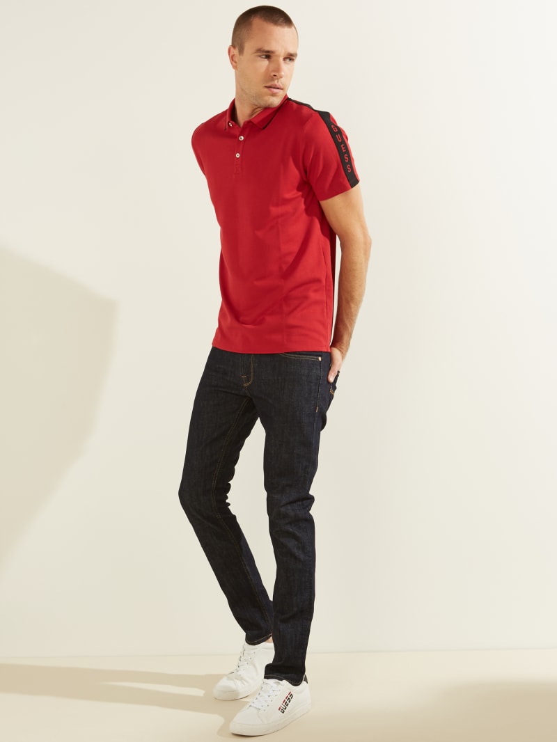 Red Men's Guess Pique Logo Tape Shirts | 5391872-VO