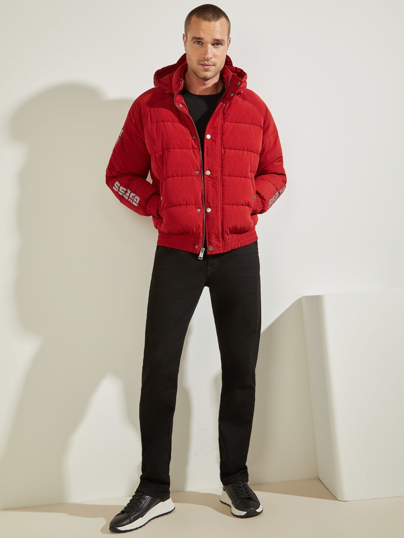 Red Men's Guess Summit Nylon Ski Puffer Jackets | 2604837-LR