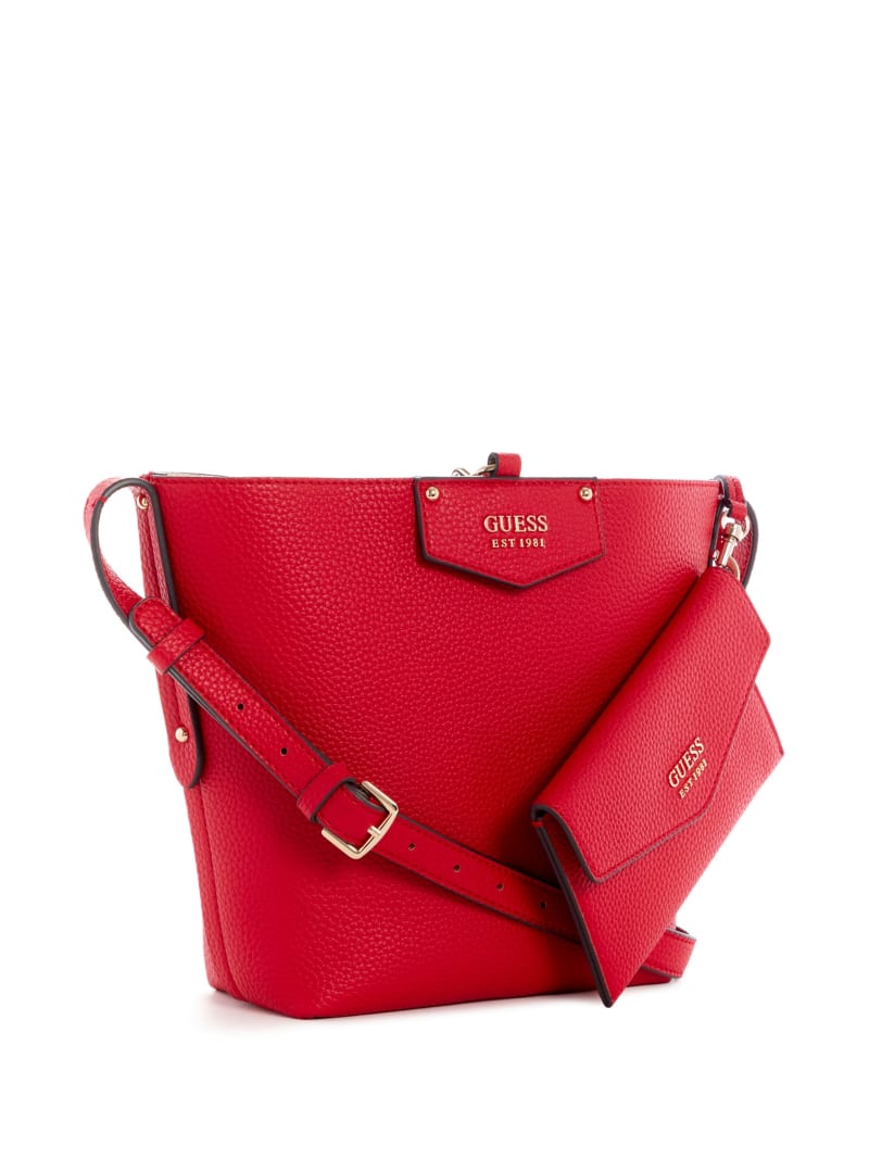 Red Women's Guess Eco Brenton Bucket Shoulder Bags | 9417236-IT