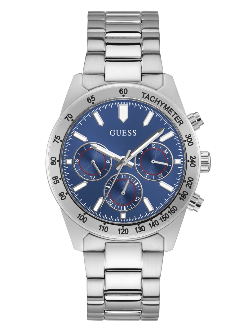 Silver Men\'s Guess Silver-Tone And Blue Tachymeter Watches | 5647193-QR