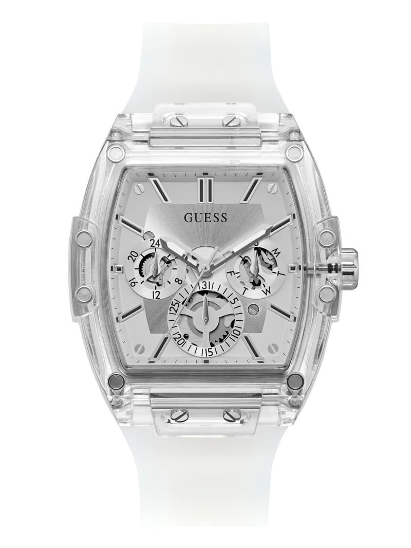 Silver Men\'s Guess Transparent And Silver-Tone Multifunction Watches | 6493205-DP