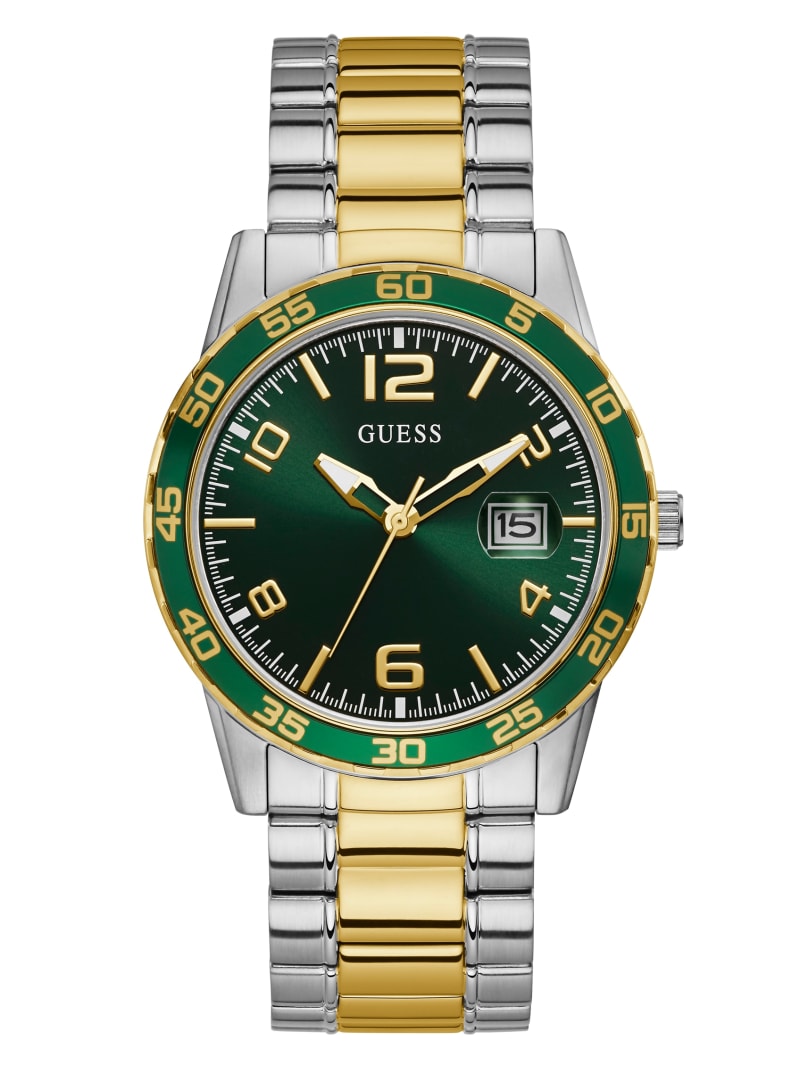 Silver Men\'s Guess Two-Tone Metal And Green Dial Analog Watches | 5678139-OT