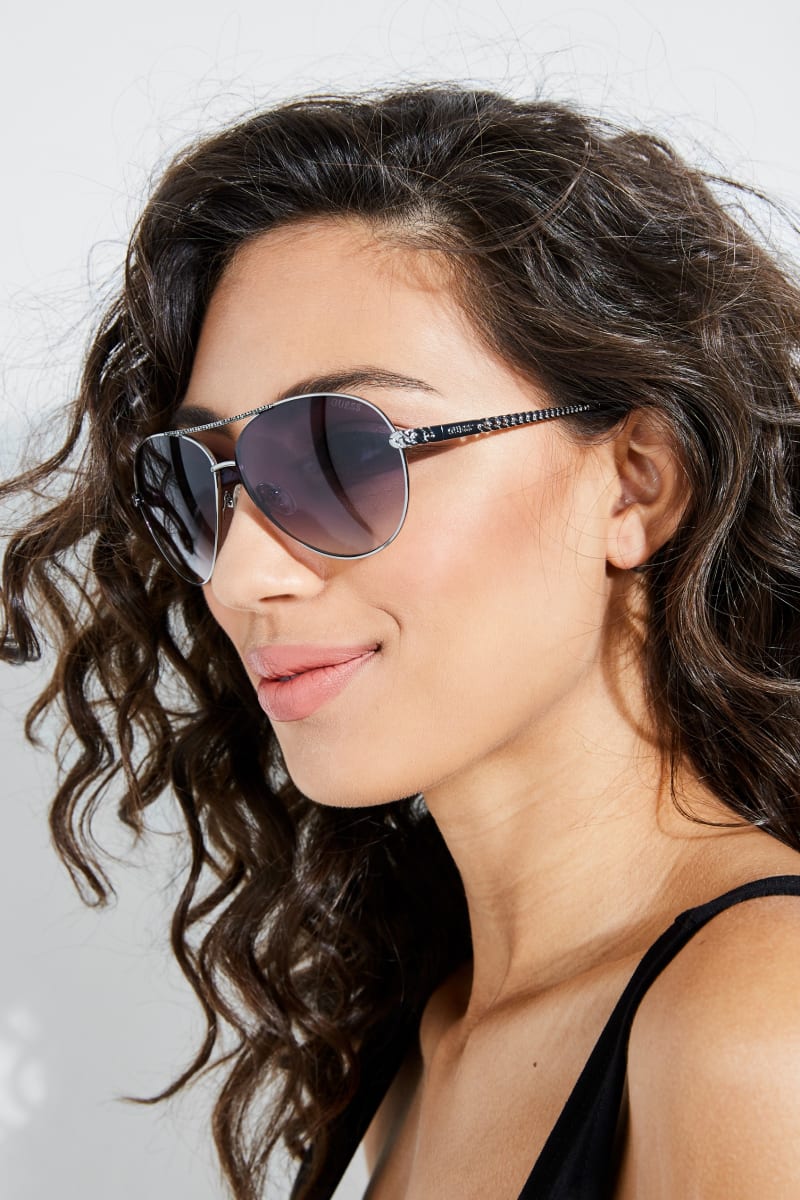 Silver Women's Guess Catherine Rhinestone Aviator Sunglasses | 7960152-VA