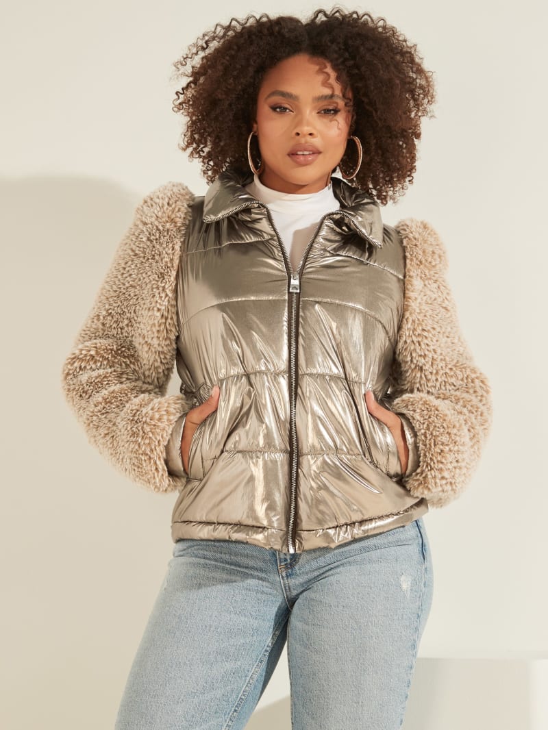 Silver Women's Guess Fabrizia Contrast Puffer Jackets | 1974502-XH