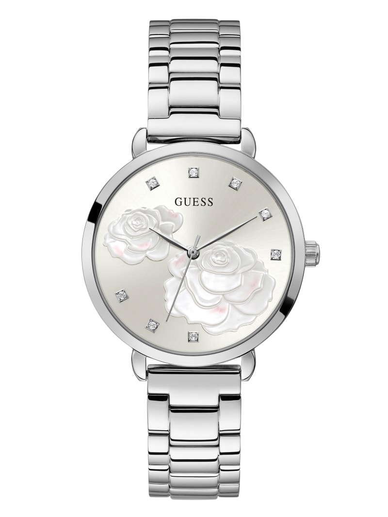 Silver Women\'s Guess Silver-Tone Rose Crystal Analog Watches | 0873256-NQ