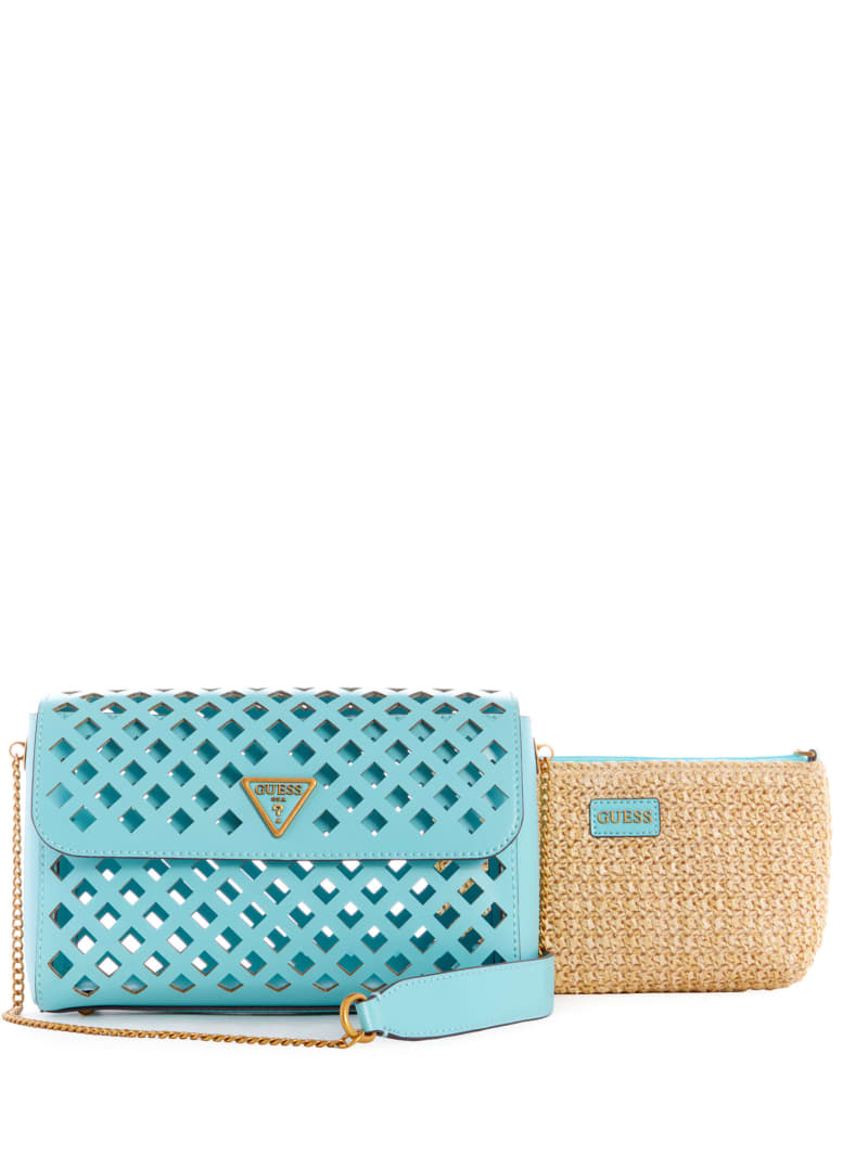 Turquoise Women's Guess Aqua Perforated Flap Crossbody Bags | 8602139-HU