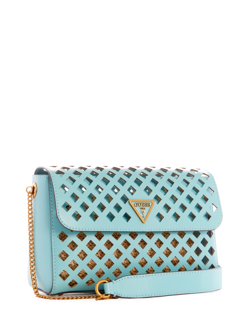 Turquoise Women's Guess Aqua Perforated Flap Crossbody Bags | 8602139-HU