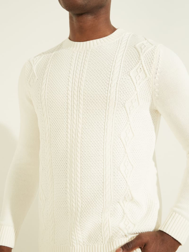 White Men's Guess Cable-Knit Crewneck Sweaters | 7351620-PH