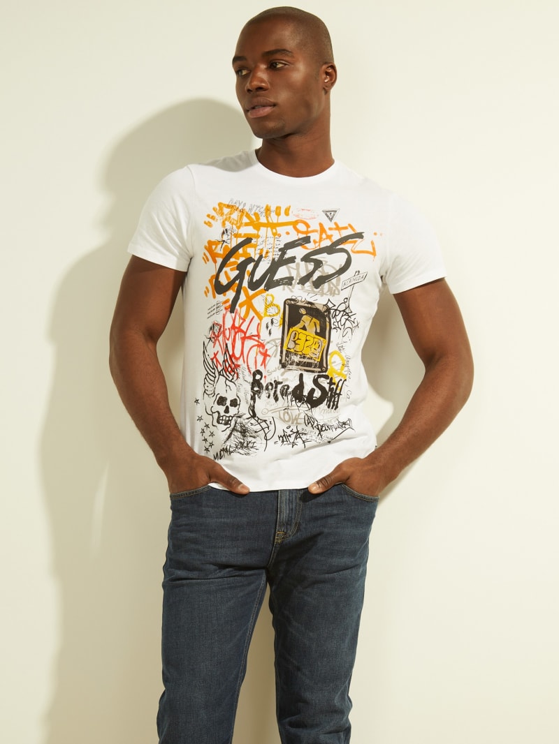 White Men\'s Guess DTLA Graffiti Tee T Shirts | 7319405-TY