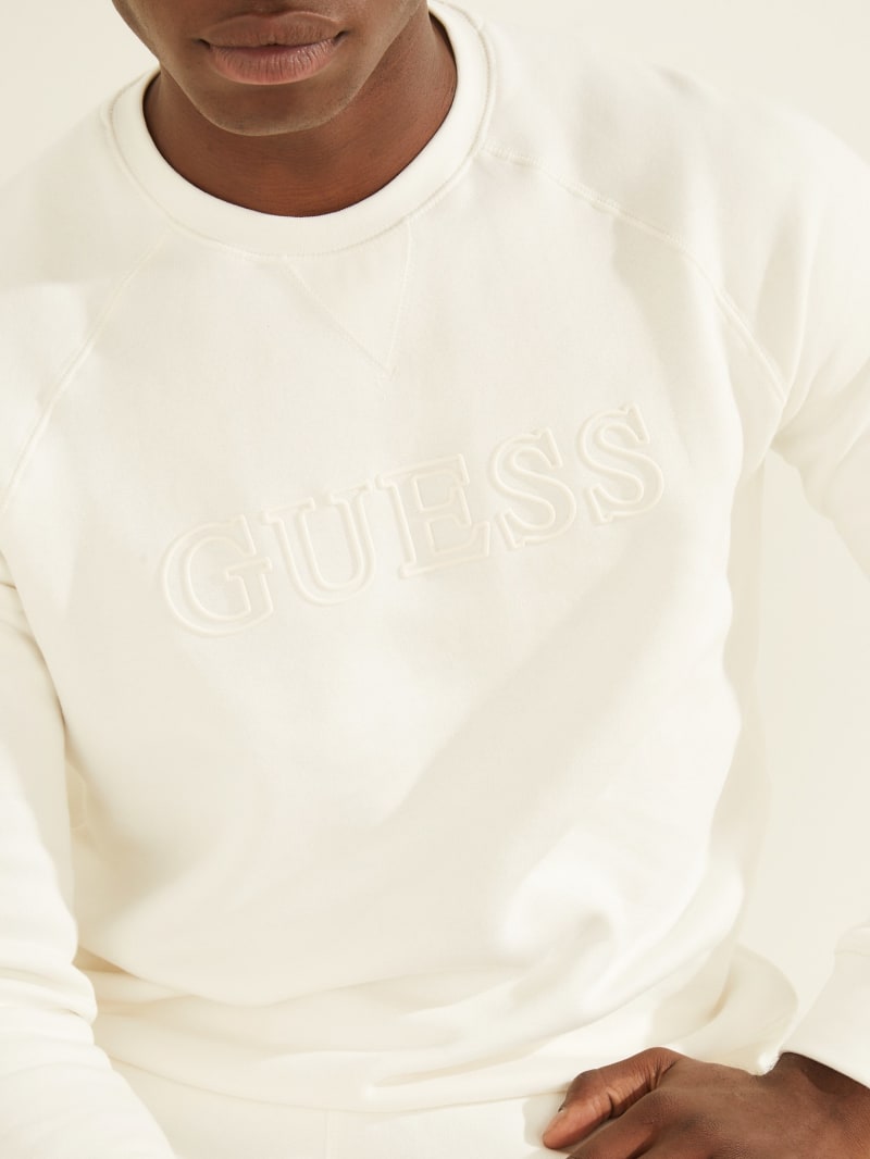 White Men's Guess Eco Aldwin Logo Crew Sweatshirts | 8732516-ZX