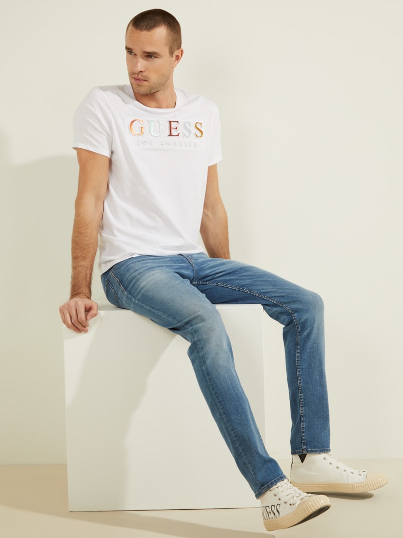 White Men's Guess Embossed Logo Tee T Shirts | 5362471-ZB