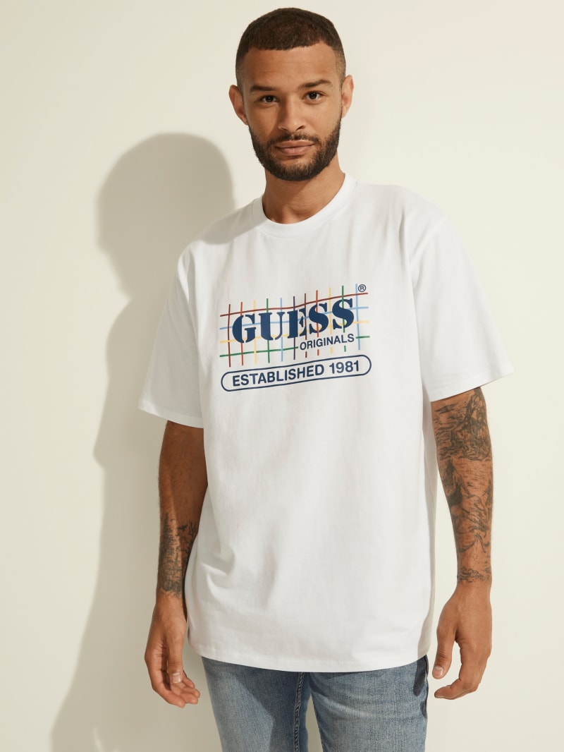 White Men's Guess GUESS Originals Rainbow Grid Tee T Shirts | 3564708-UH