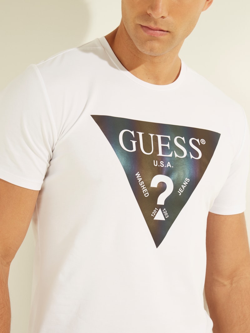 White Men's Guess Iridescent Logo Graphic Tee T Shirts | 2653048-EO