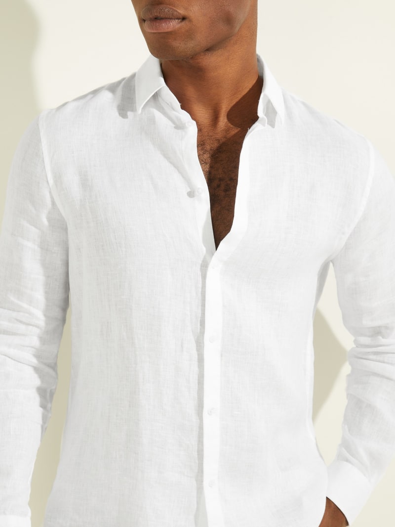 White Men's Guess Linen Italian Notched Cuff Shirts | 1209843-QW