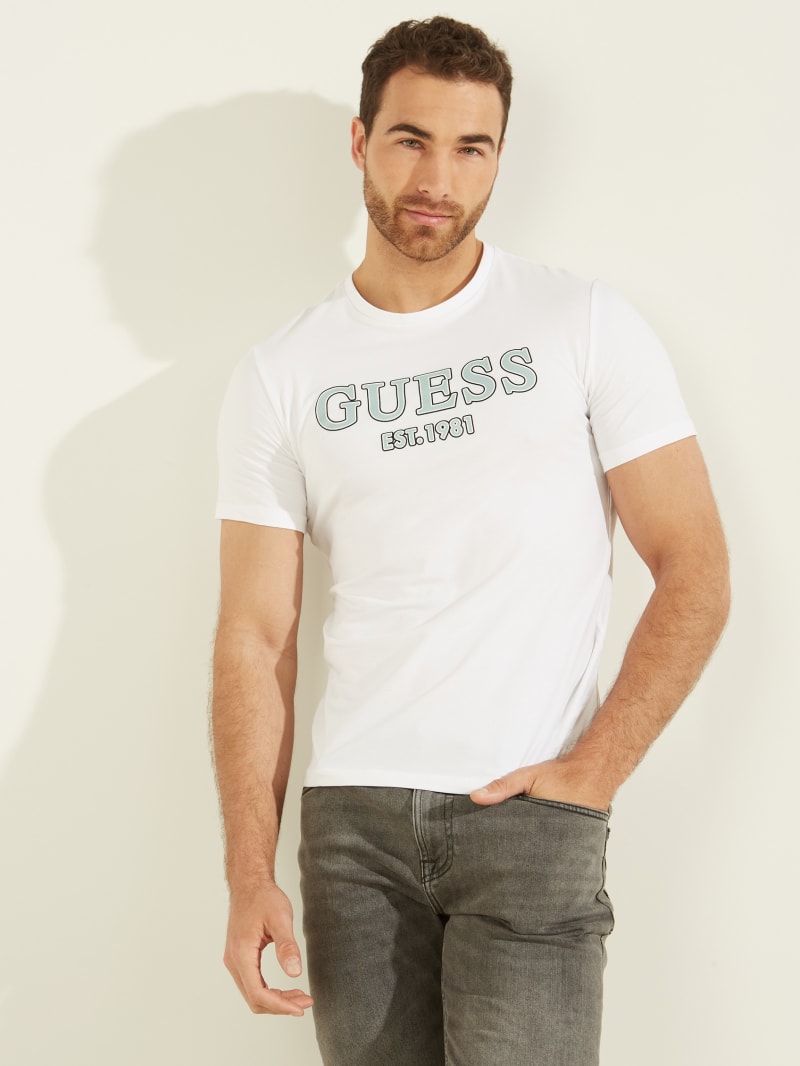 White Men\'s Guess Point Logo Tee T Shirts | 8926347-MV