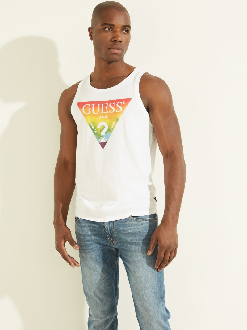 White Men\'s Guess Pride Triangle Tank T Shirts | 4758196-LD