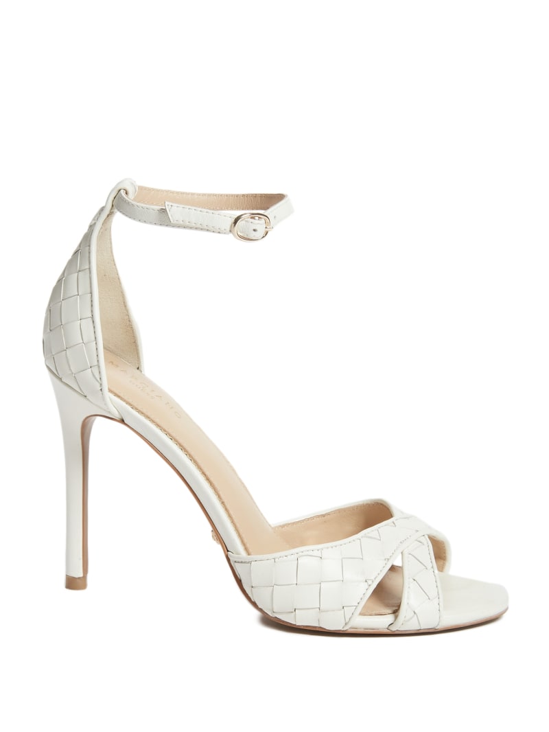 White Women's Guess Abieli Woven Leather Stiletto Sandals | 8216059-PG