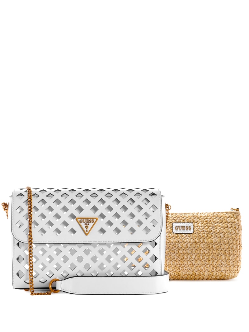 White Women's Guess Aqua Perforated Flap Crossbody Bags | 4625103-QH