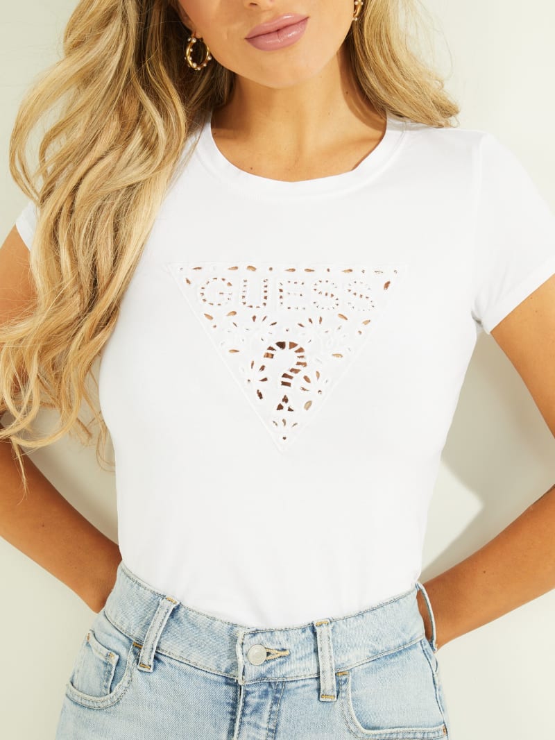 White Women's Guess Eco Eyelet Logo Tee Tops | 6712358-EN