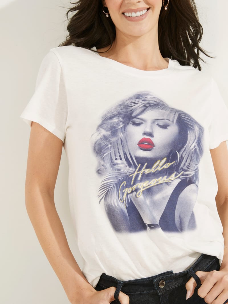 White Women's Guess Hello Gorgeous Tee Tops | 2397581-FY