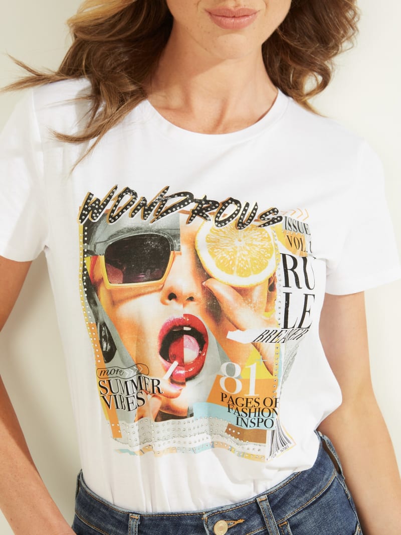 White Women's Guess Wondrous Magazine Graphic Tee Tops | 3510964-LD