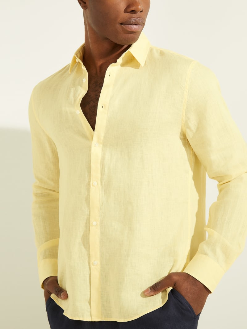 Yellow Men's Guess Linen Italian Notched Cuff Shirts | 1097234-ZK